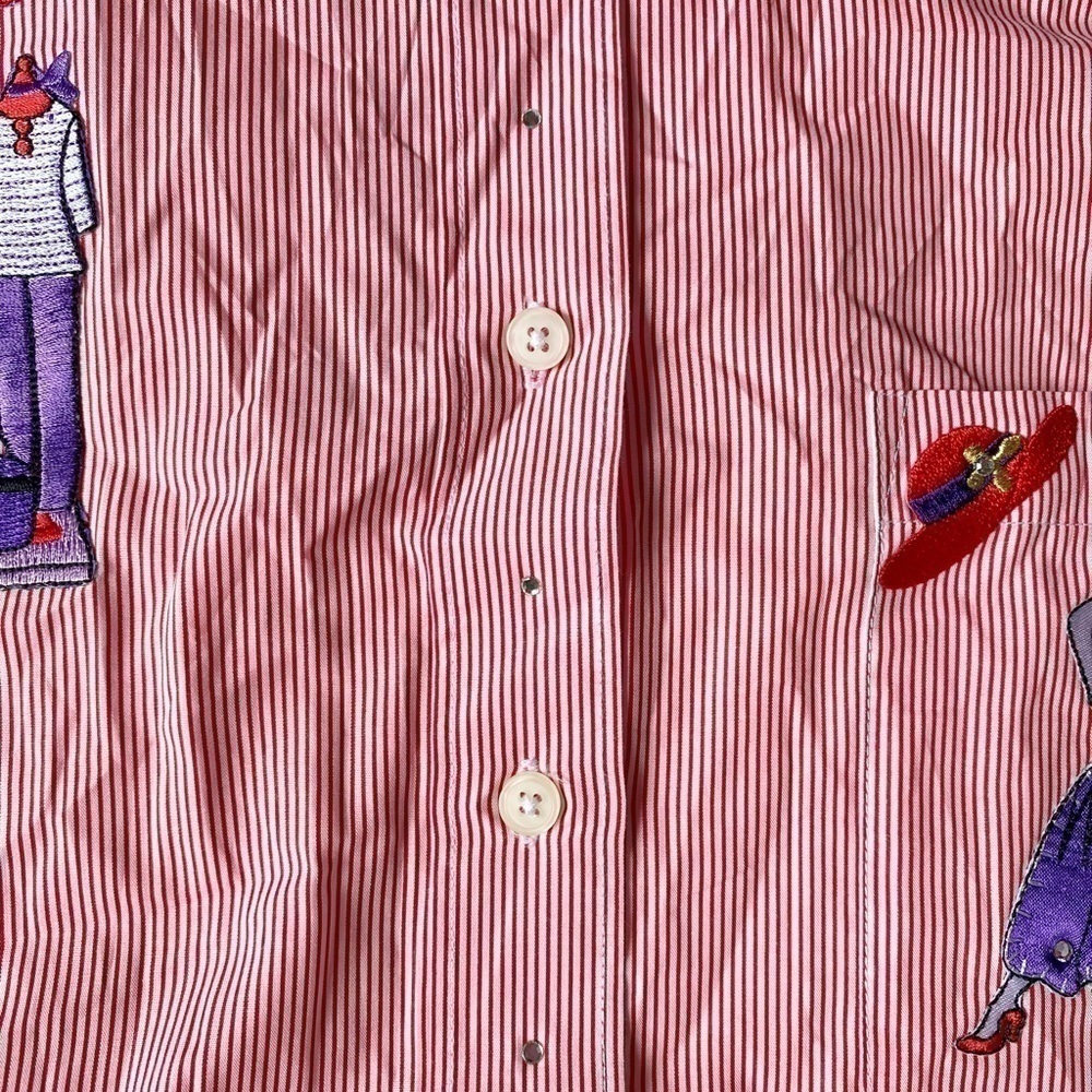 Las Olas Red and White Striped Button Down Long Sleeve Shirt with Embroidery - Picture 10 of 12